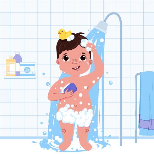 Petit personnage enfant garçon prend une douche. Routine quotidienne. Fond intérieur de la salle de bain. Illustration de dessin animé de vecteur