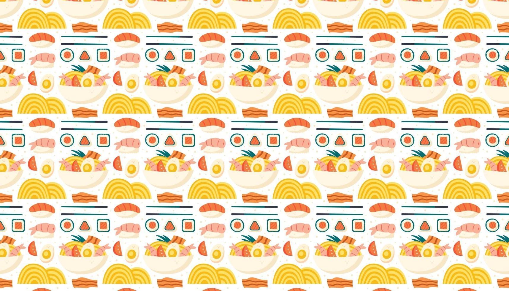 sushi saumon crevettes nori ramen nourriture asiatique motif fond bannière vecteur