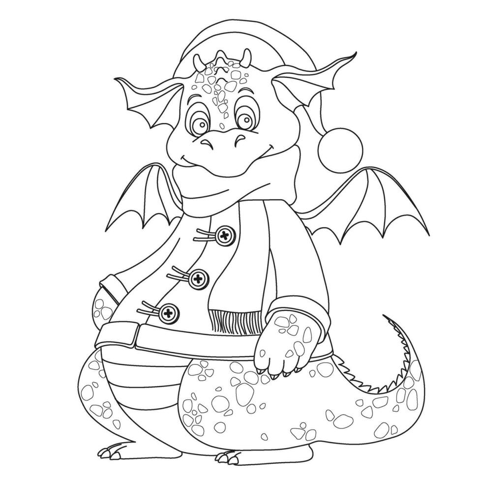 mignonne peu dragon. coloration livre pour les enfants. bébé dragon portant une Père Noël chapeau. dessin animé vecteur hiver personnage illustration.