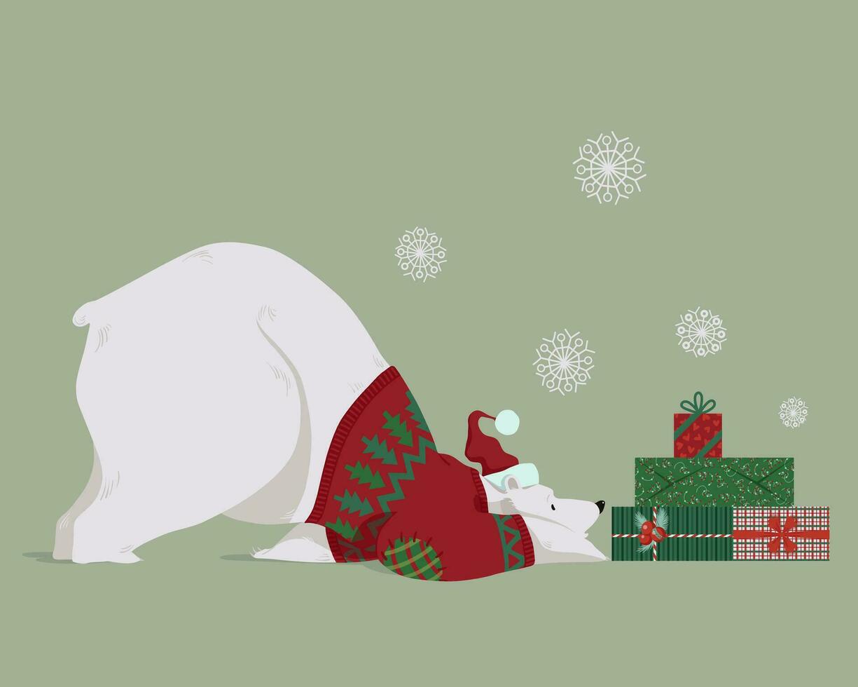 Noël polaire ours et cadeaux. marrant mignonne blanc ours avec présente. pour salutation carte avec joyeux Noël et Nouveau année, décor, emballage, et emballage conception. vecteur illustration eps dix