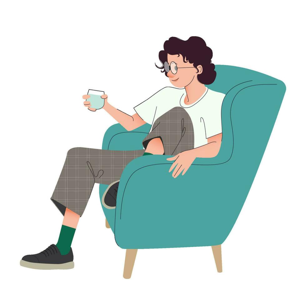 Jeune homme séance dans relaxant pose sur une chaise avec verre de l'eau. Masculin dessin animé personnage dans une réunion ou sur une Pause. isolé vecteur illustration pour affiche, bannière, sites Internet et social médias conception.