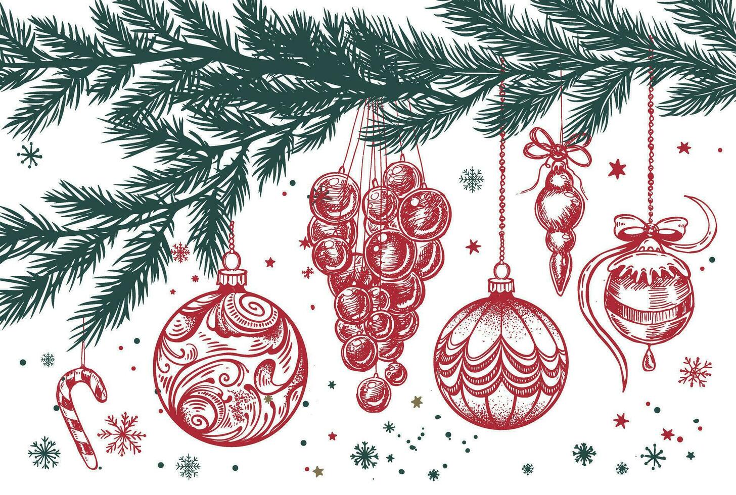 arbre de noël, jouets, style dessiné à la main, illustration vectorielle vecteur