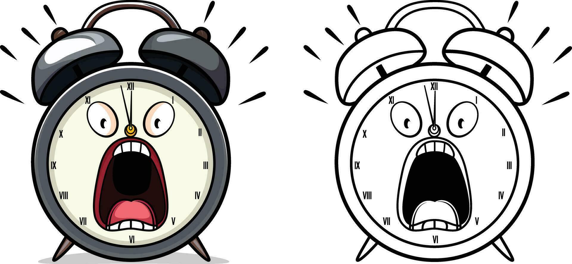 en hurlant alarme l'horloge dessin animé mascotte vecteur illustration, en hurlant dessin animé temps l'horloge vecteur image, coloré et noir et blanc ligne dessin cigogne vecteur