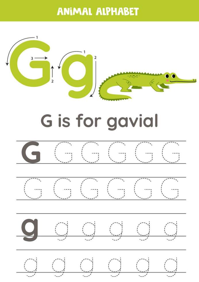 tracé alphabet des lettres pour enfants. animal alphabet. g est pour gavial. vecteur