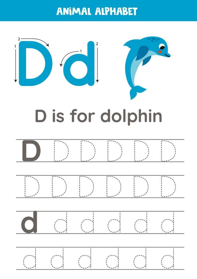 tracé alphabet des lettres pour enfants. animal alphabet. ré est pour dauphin. vecteur