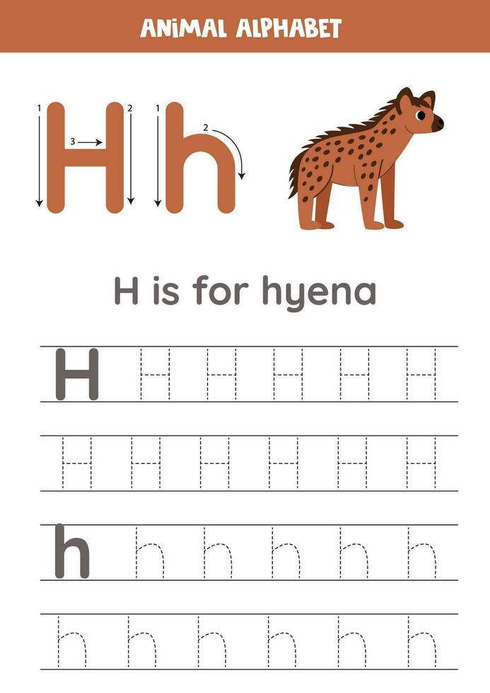 tracé alphabet des lettres pour enfants. animal alphabet. h est pour hyène. vecteur