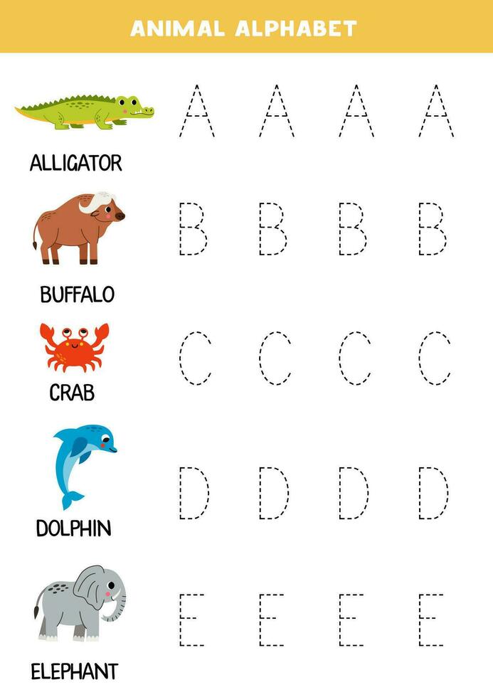 tracé des lettres de animal alphabet. l'écriture entraine toi. vecteur