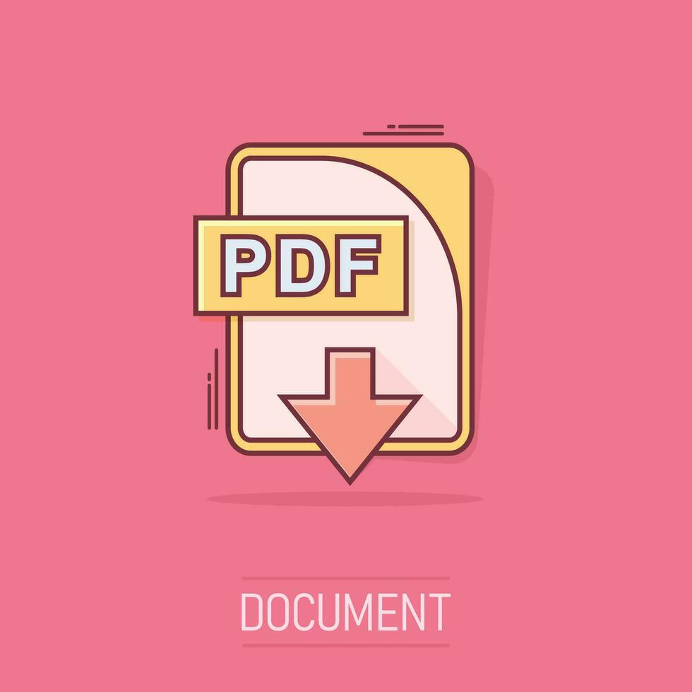 icône de fichier pdf de dessin animé dans le style comique. pdf télécharger le pictogramme d'illustration de signe. concept d'entreprise d'éclaboussure de document. vecteur