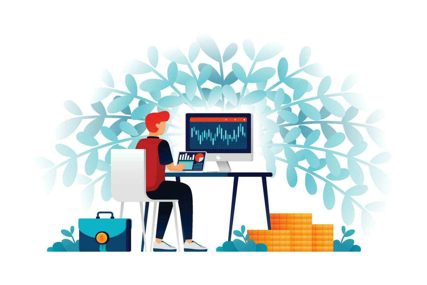 illustration de homme des employés avoir investissement inspiration. en cours d'analyse et recherche bancaire Les données sur Stock et financier investissement options. pouvez être utilisé pour la toile site Internet affiche mobile applications magazine les publicités vecteur