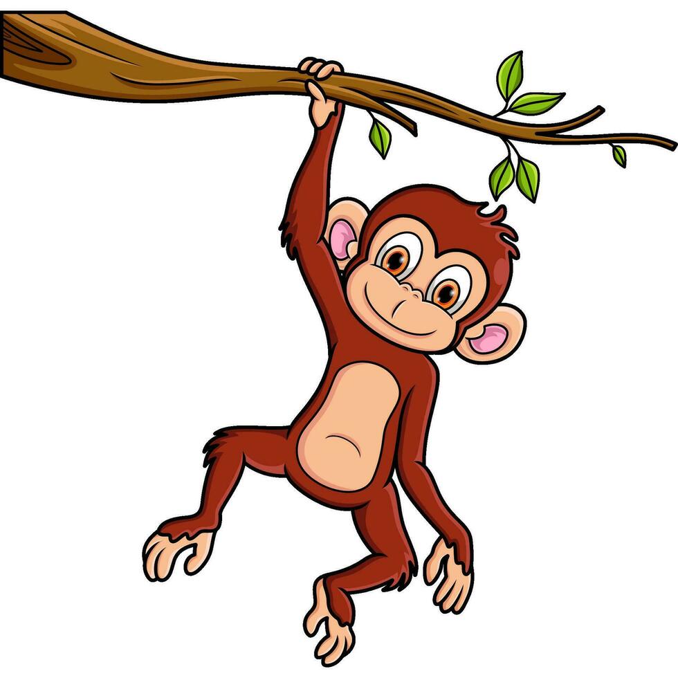 singe de dessin animé suspendu à une branche d'arbre vecteur
