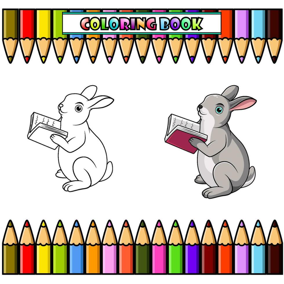 lapin dessin animé en train de lire une livre pour coloration livre vecteur