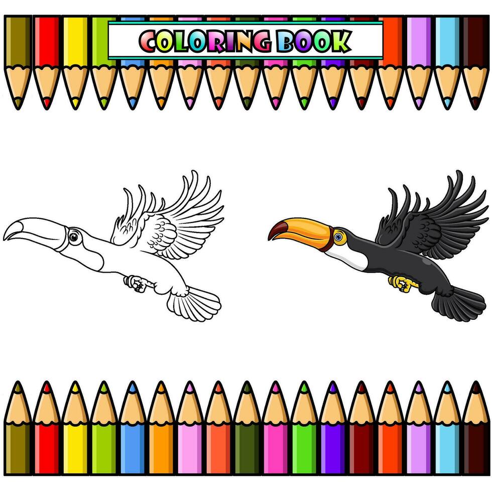 dessin animé toucan en volant pour coloration livre vecteur