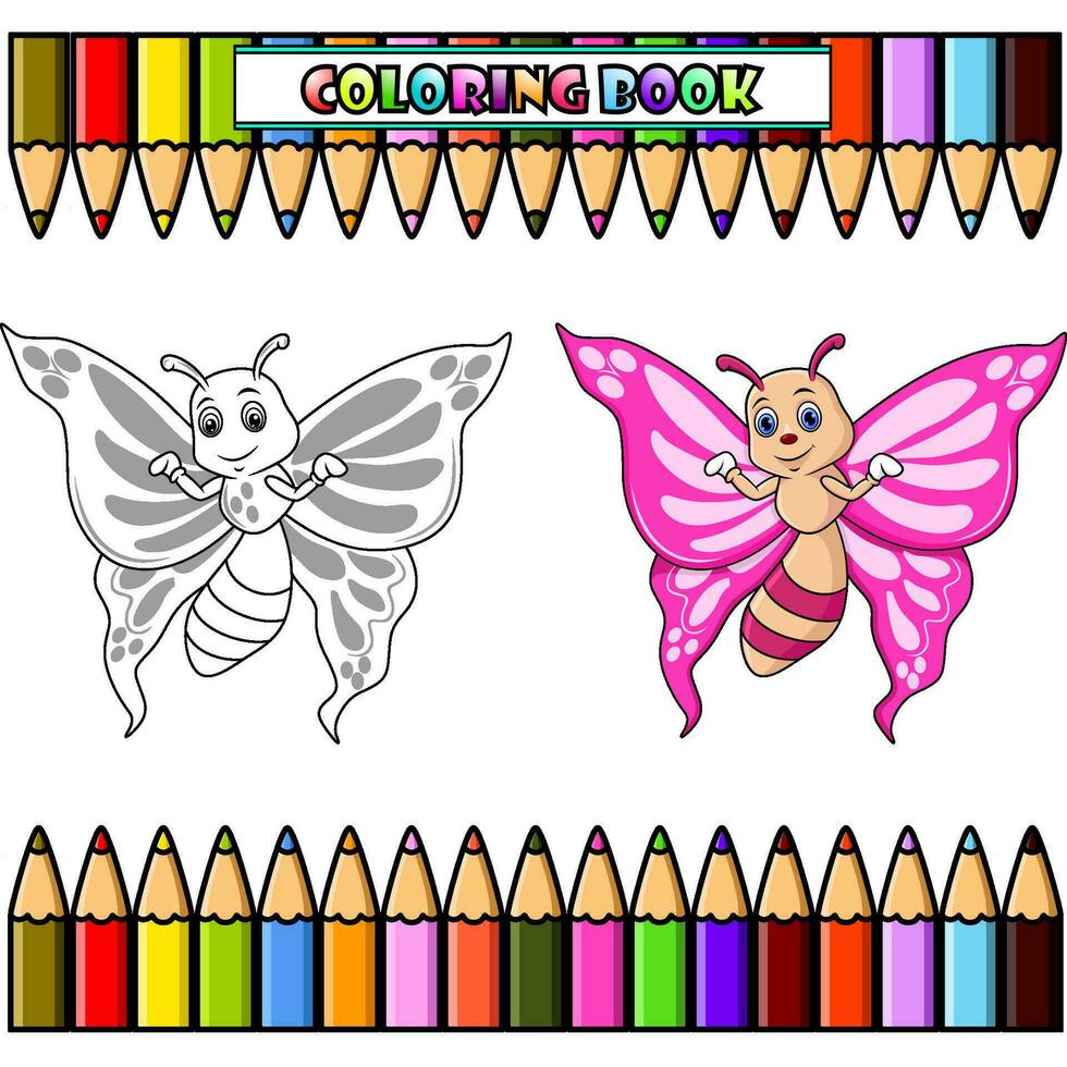 dessin animé marrant papillon pour coloration livre vecteur