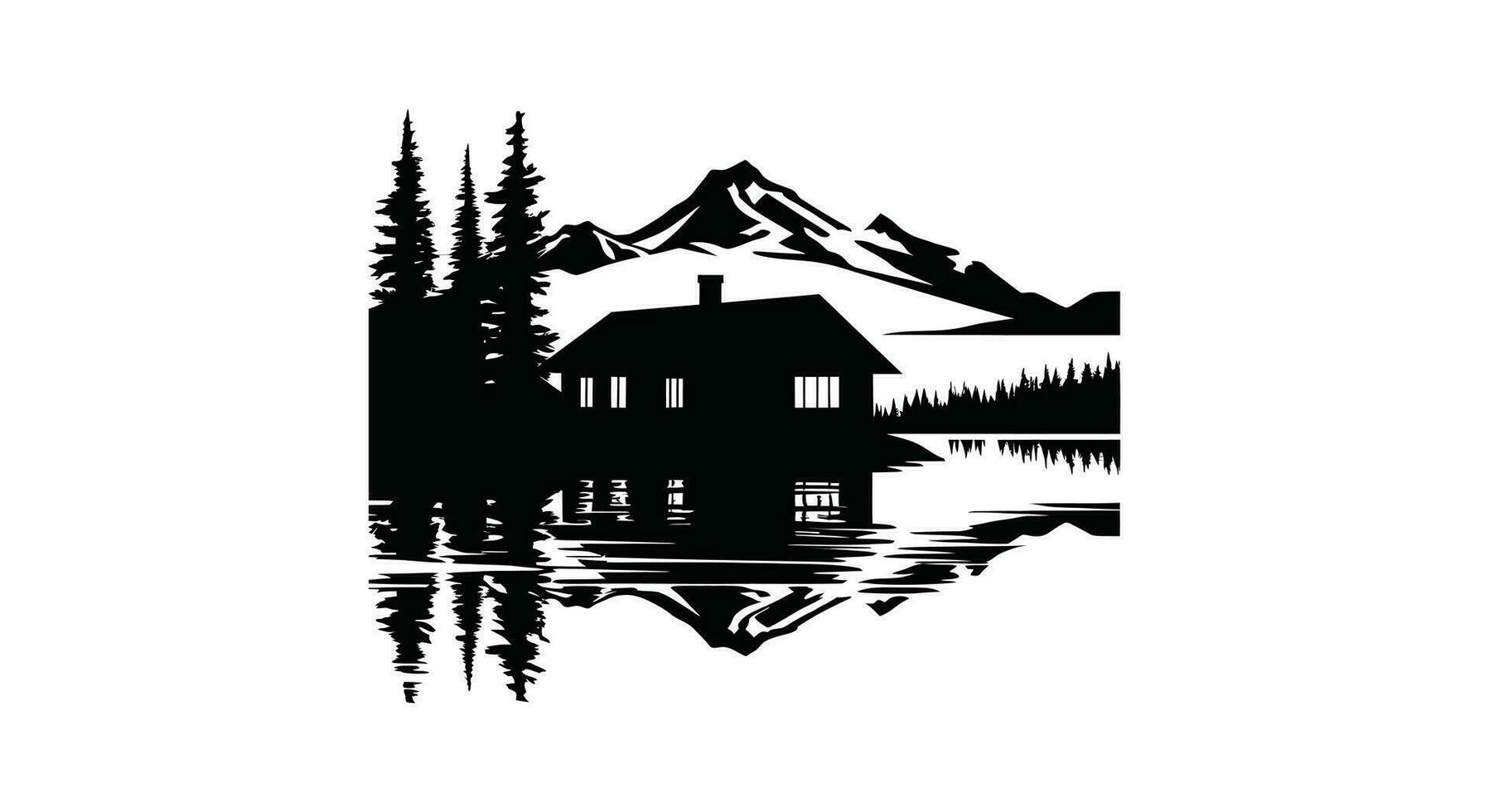 bord du lac solitude cabine silhouette art vecteur