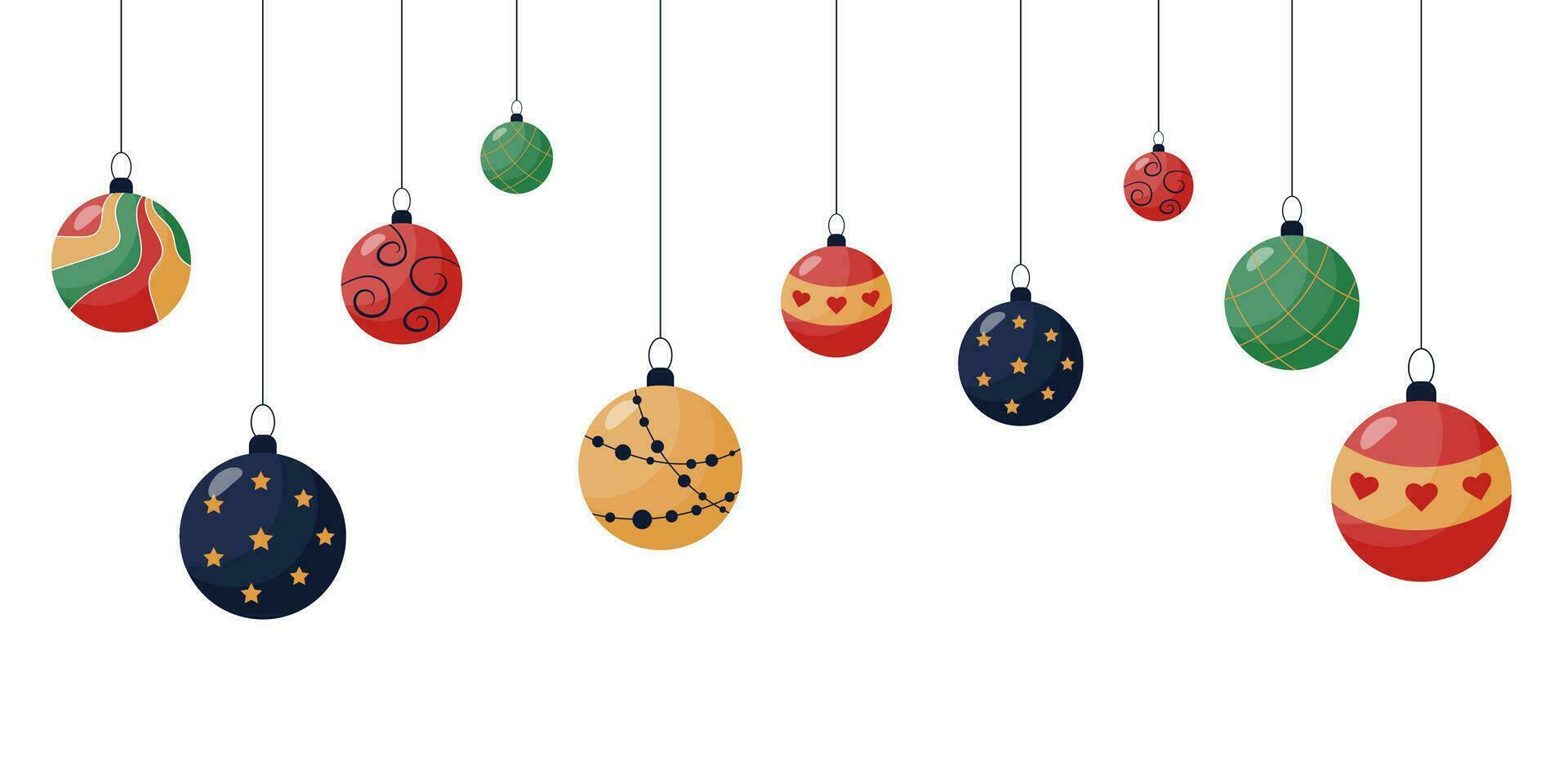 pendaison Noël arbre des balles, dessiné à la main, vert, or, rouge, bleu, isolé, sur une blanc Contexte. bannière, décoration, affiche, carte postale, pour site Internet. vecteur illustration.