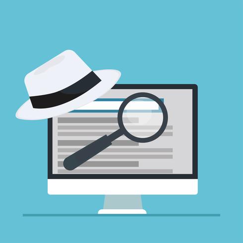 Bannière de seo chapeau noir et blanc. Loupe et autres outils et tactiques d&#39;optimisation des moteurs de recherche. Illustration de plat Vector