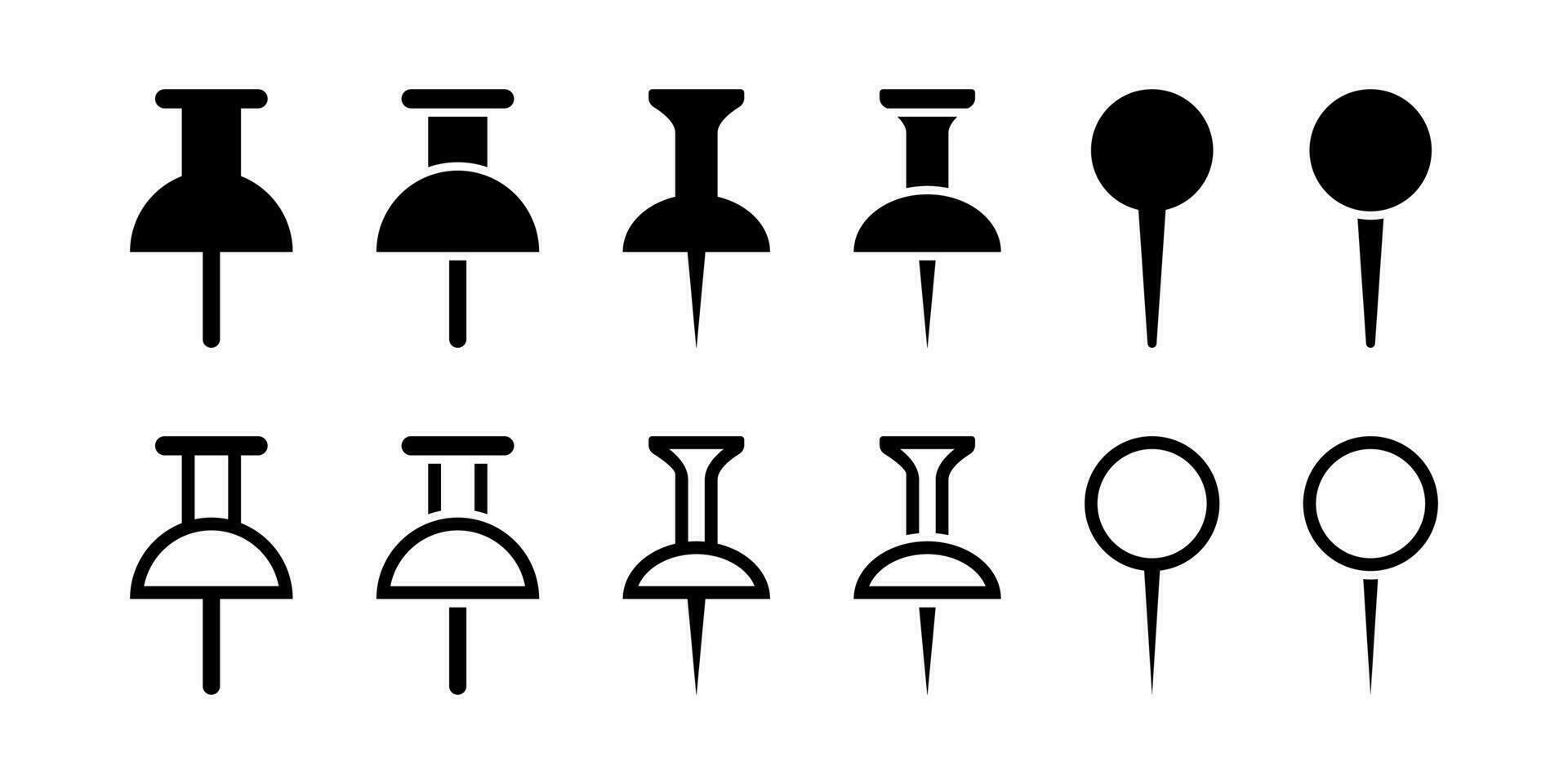 punaise icône ensemble. punaise icône collection. dessin épingle dans glyphe et contour. pouce sellerie symbole dans noir vecteur