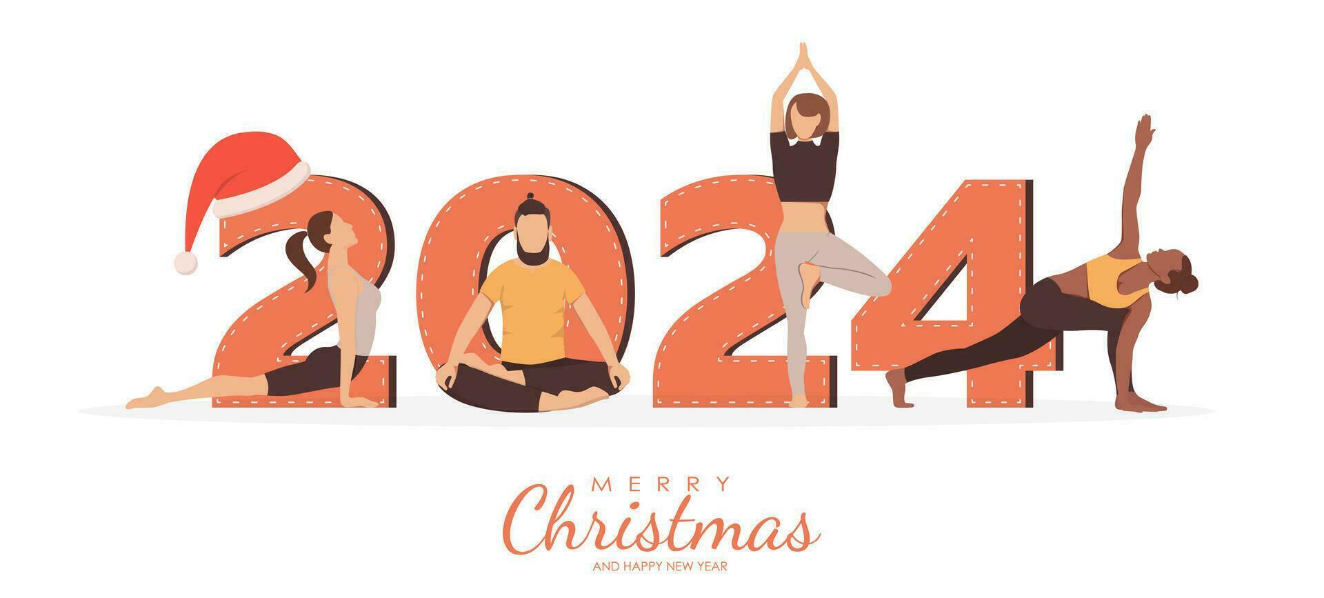 content Nouveau année carte 2024. Hommes et femmes dans yoga pose. pratiquant yoga dans de face de le nombre 2024 signe. vecteur illustration isolé sur le blanc Contexte