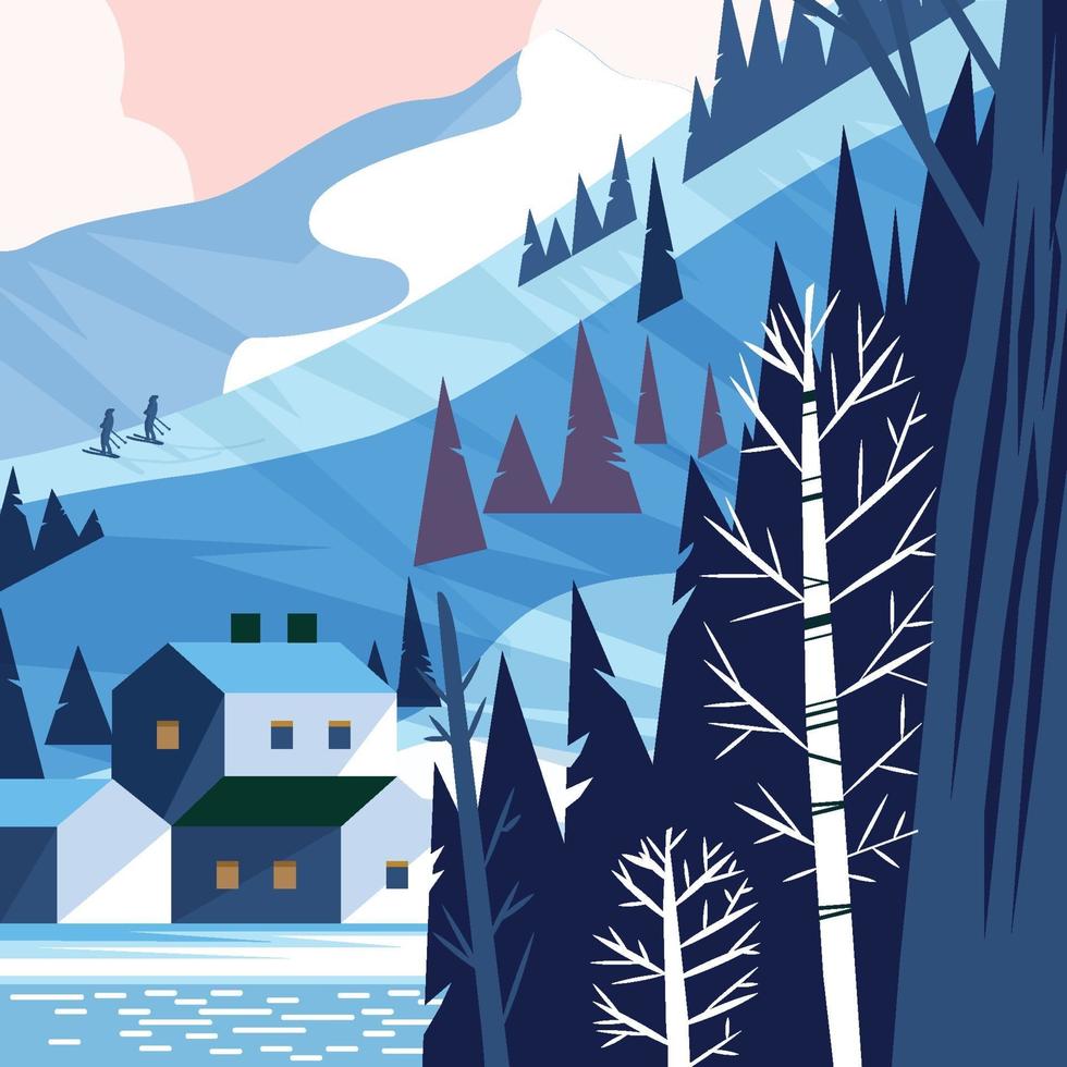 paysage d'hiver avec des maisons au bord de la rivière vecteur