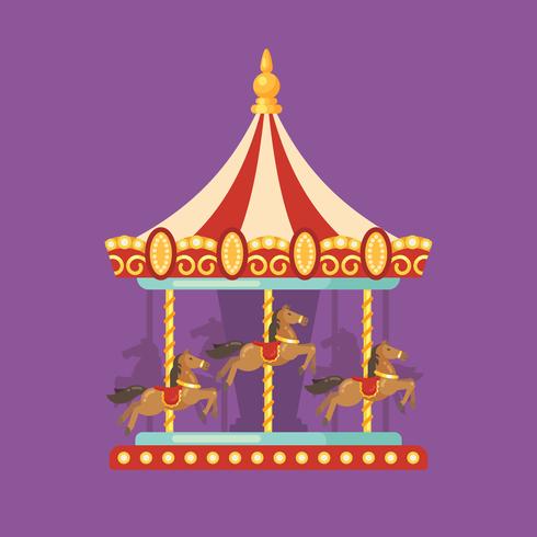 Illustration plat de fête foraine de carnaval. Illustration de parc d&#39;attractions d&#39;un carrousel rouge et jaune avec des chevaux la nuit vecteur