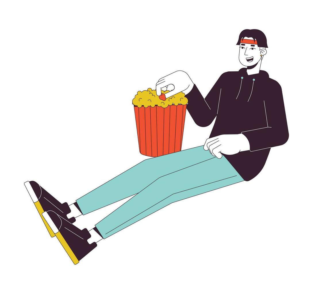 coréen Jeune adulte homme prise pop corn de seau 2d linéaire dessin animé personnage. asiatique garçon attraper pop corn isolé ligne vecteur la personne blanc Contexte. film nuit Accueil Couleur plat place illustration