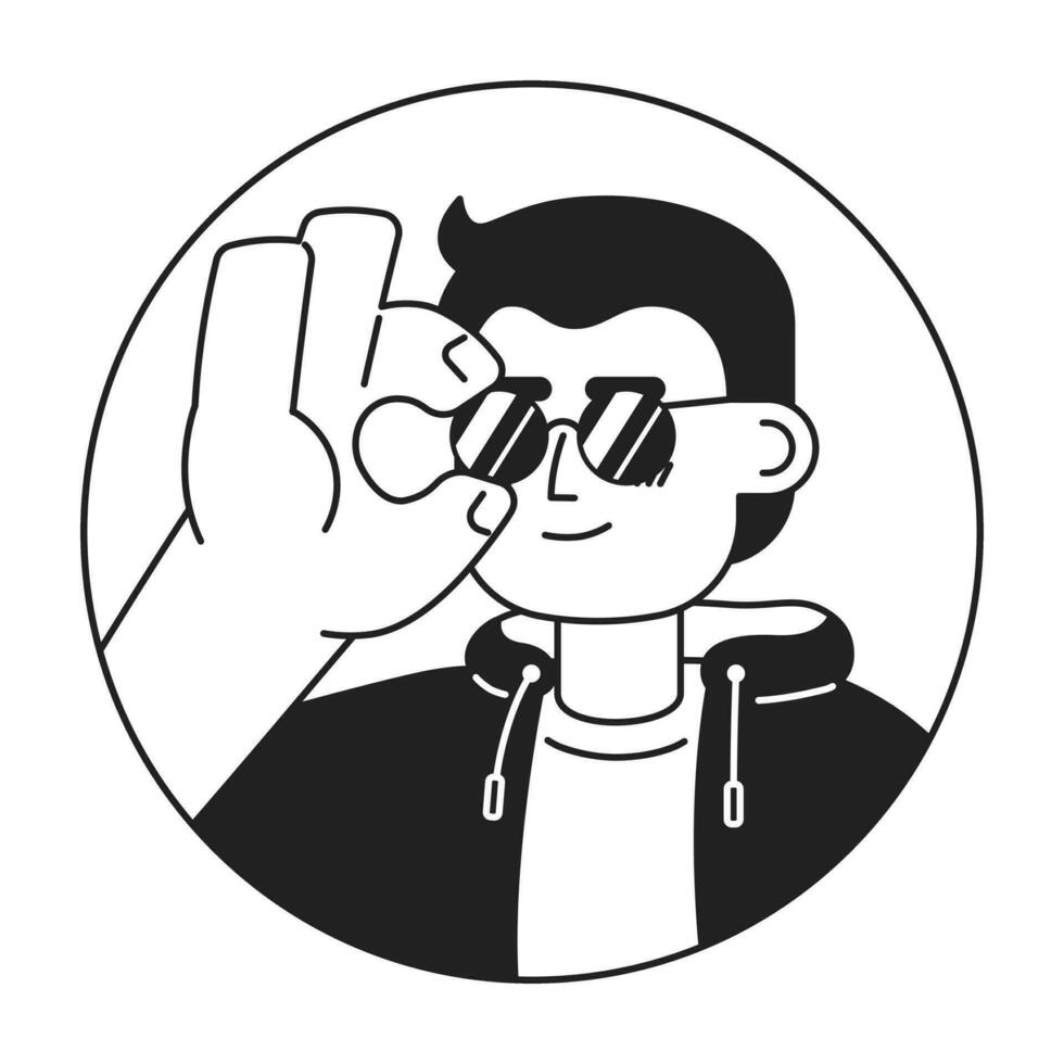 caucasien cool mec ajustement des lunettes de soleil noir et blanc 2d vecteur avatar illustration. élégant européen refroidissement gars contour dessin animé personnage visage isolé. mode déclaration plat utilisateur profil image