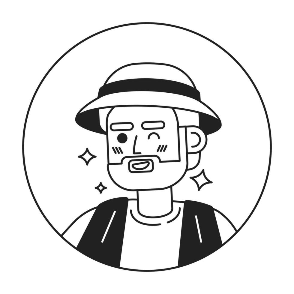 caucasien pêcheur barbu un clin d'oeil souriant noir et blanc 2d vecteur avatar illustration. adulte Masculin pétillant contour dessin animé personnage visage isolé. amical affectueux gars plat utilisateur profil image