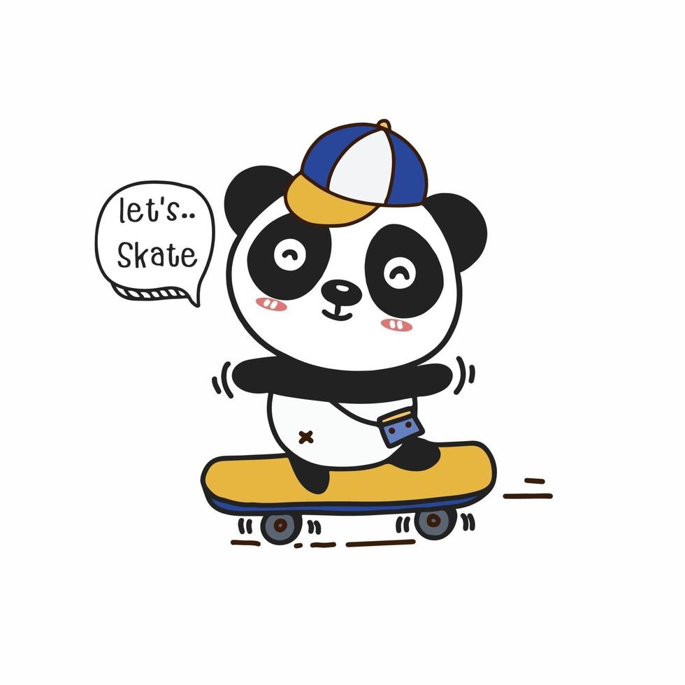 panda mignon sur planche à roulettes. personnage de dessin animé mignon. vecteur