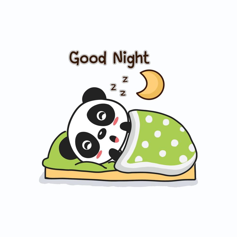 petit panda dormant sur un oreiller au lit. personnage de dessin animé mignon. vecteur