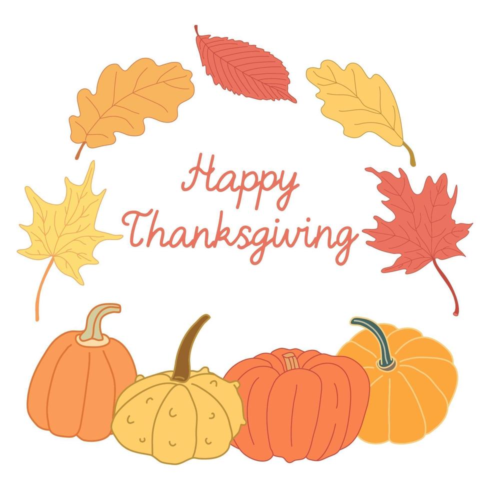 carte de Thanksgiving heureuse avec des feuilles d'automne colorées et des citrouilles. vecteur