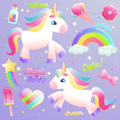 Licorne ensemble mignon. Arc en ciel coloré, crème glacée, liquide magique dans une bouteille avec étoile. Illustration de jeu de dessin animé de vecteur