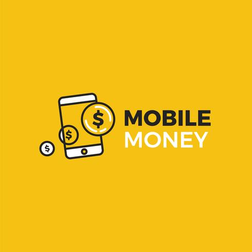 Logo de paiement en argent mobile. Un téléphone avec des pièces d&#39;or en dollars. vecteur