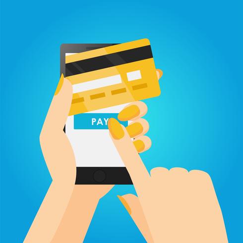 Téléphone en mains avec une carte de crédit. Paiement en ligne depuis un mobile. Bannière plate de vecteur