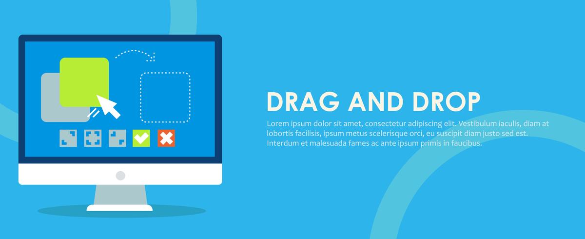 Glissez et déposez la bannière. Ordinateur avec les fonctions de configuration du programme et du site. Illustration de plat Vector