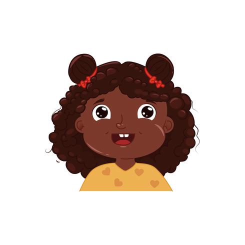 Petite fille à la peau sombre mignonne souriante. Heureuse émotion visage enfant afro-américain. Illustration de dessin animé de vecteur