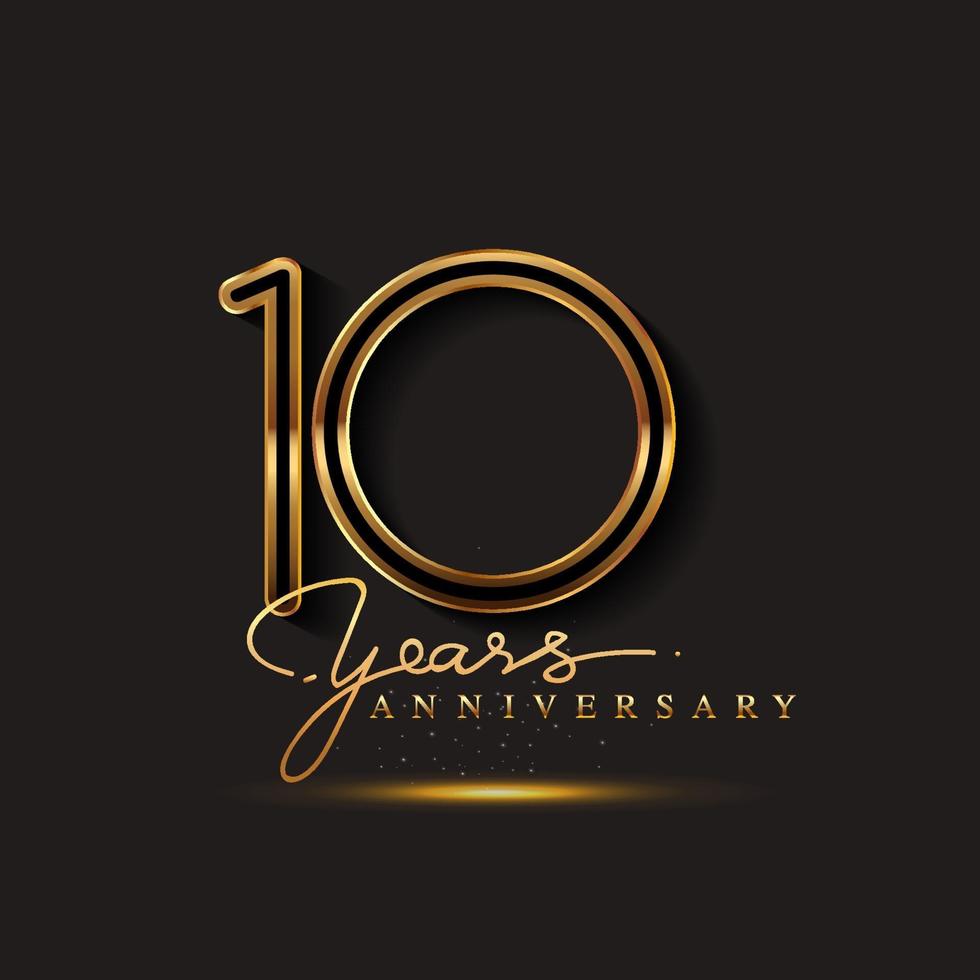 Logo d'anniversaire de 10 ans de couleur dorée isolé sur fond noir vecteur