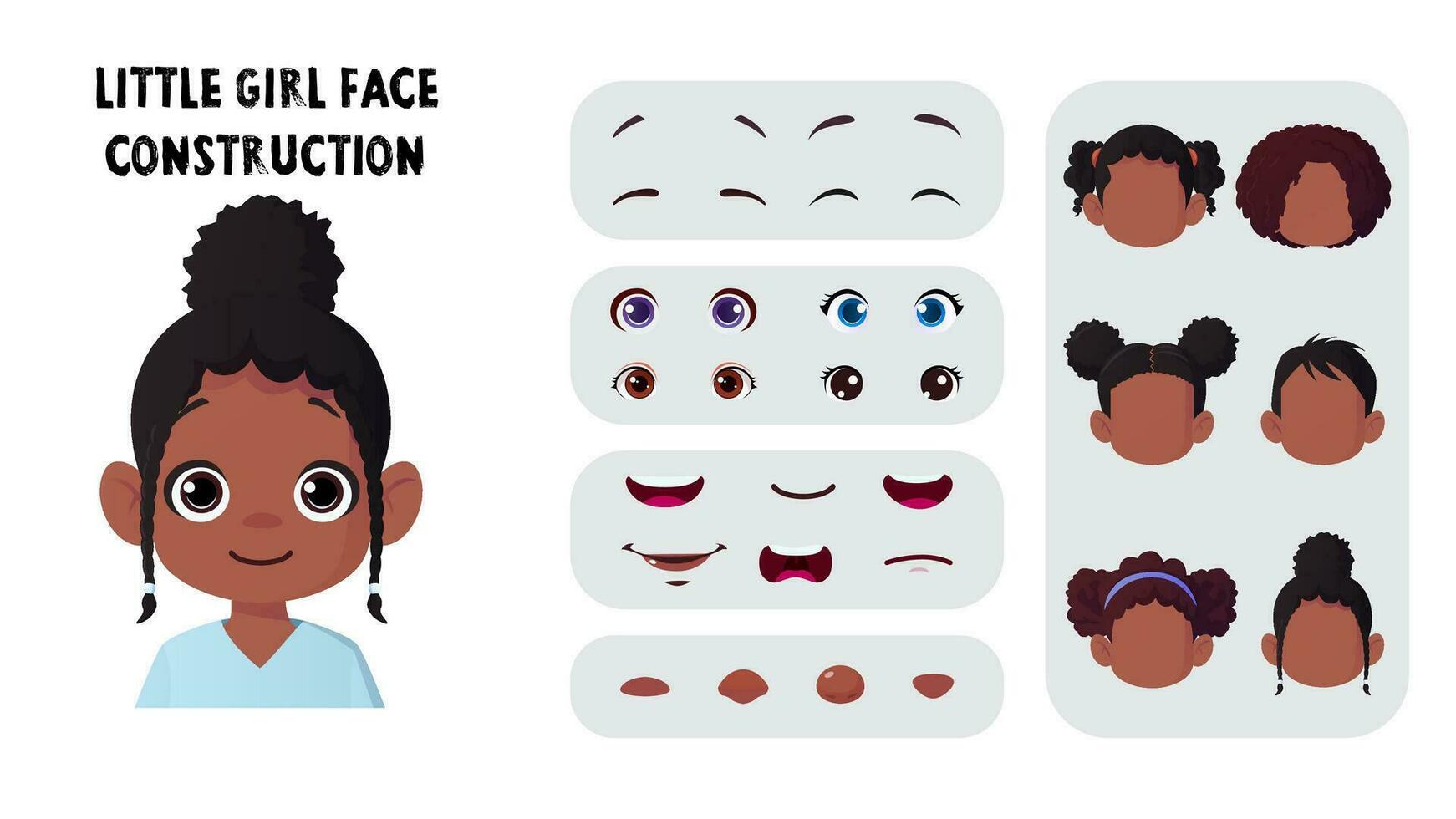 dessin animé noir fille visage constructeur, peu enfant visage création pack vecteur illustration avec lèvres, cheveux, yeux vecteur illustration