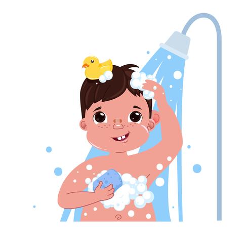 Petit personnage enfant garçon prend une douche. Routine quotidienne. Fond intérieur de la salle de bain. Illustration de dessin animé de vecteur