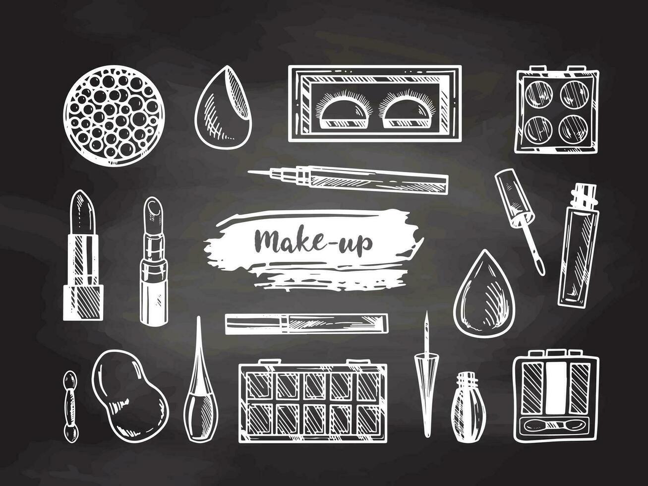 une ensemble de dessiné à la main griffonnage croquis de produits de beauté, beauté, soins auto-administrés éléments sur tableau noir Contexte. illustration pour beauté salon, cosmétique magasin, maquillage conception. gravé image. vecteur