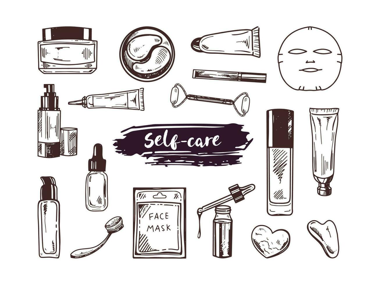 une ensemble de dessiné à la main griffonnage croquis de produits de beauté, beauté, soins auto-administrés éléments. illustration pour beauté salon, cosmétique magasin, maquillage conception. gravé image. vecteur