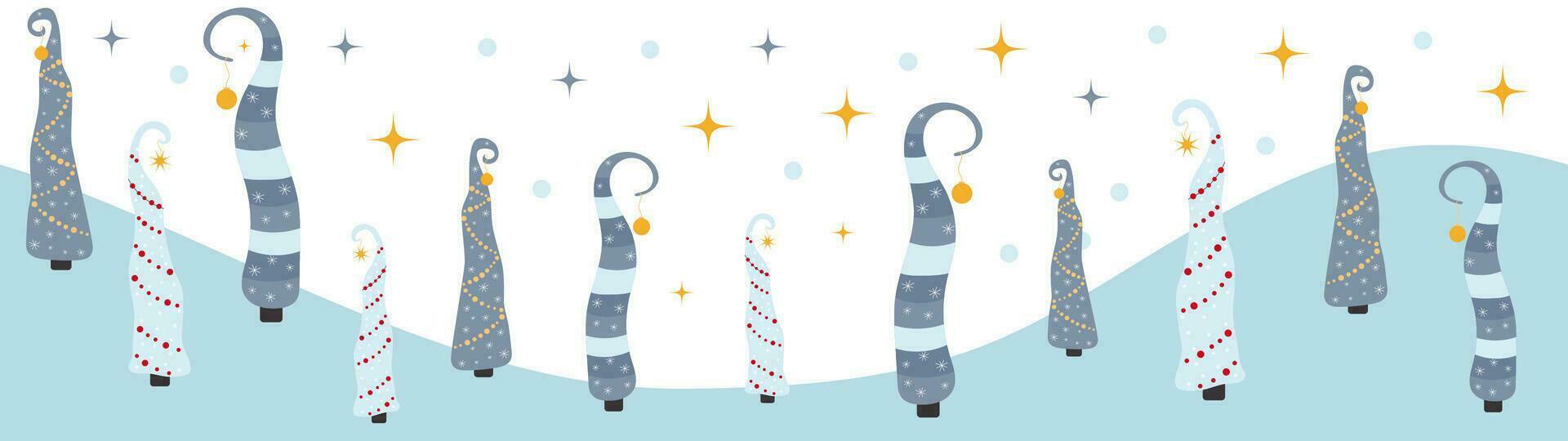 vecteur hiver, Noël saison paysage. longue Contexte ou bannière avec épicéa, sapin ou noel arbre comme une gnome chapeau, étoiles et neige