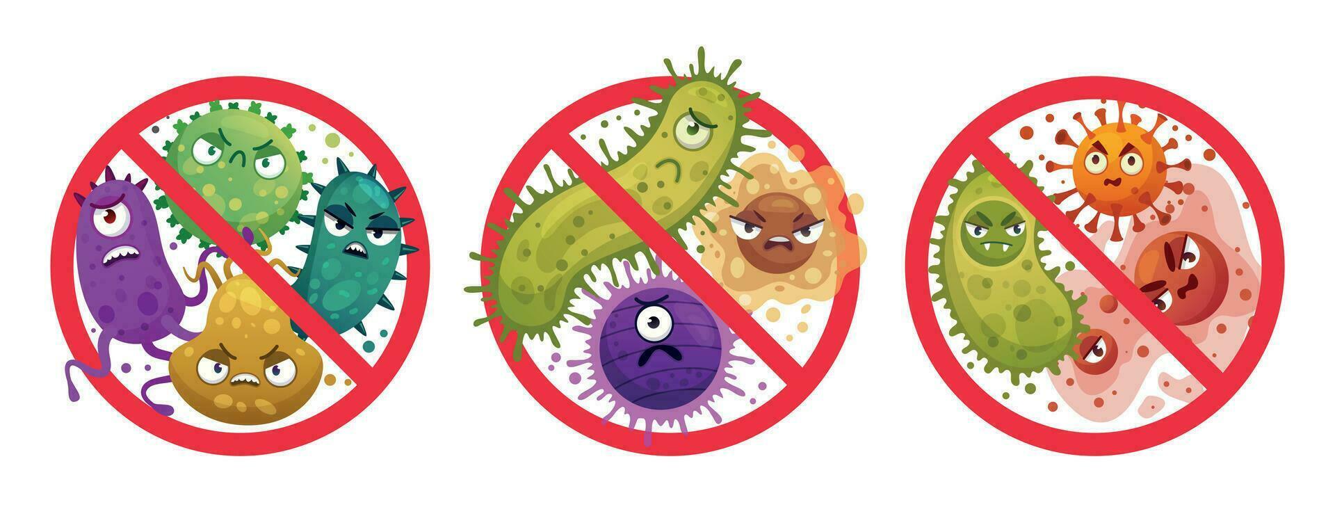 les bactéries dans interdiction signe. bande dessinée franchi en dehors microbes et virus, bactérien protection et désinfection mise en garde icône dessin animé vecteur illustration ensemble