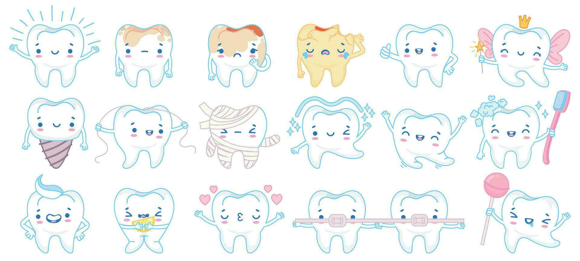 dessin animé dent mascotte. content souriant les dents traitement personnages, dentifrice et brosse à dents. dentaire mascottes vecteur illustration ensemble