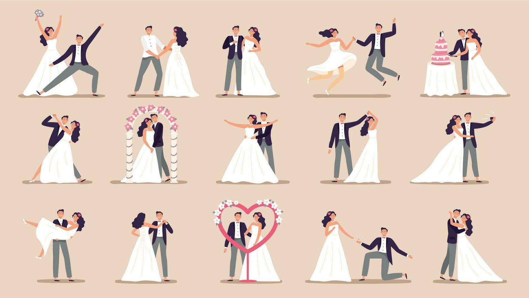 mariage des couples. la mariée dans mariage robe, juste marié couple et mariage la cérémonie dessin animé vecteur illustration ensemble