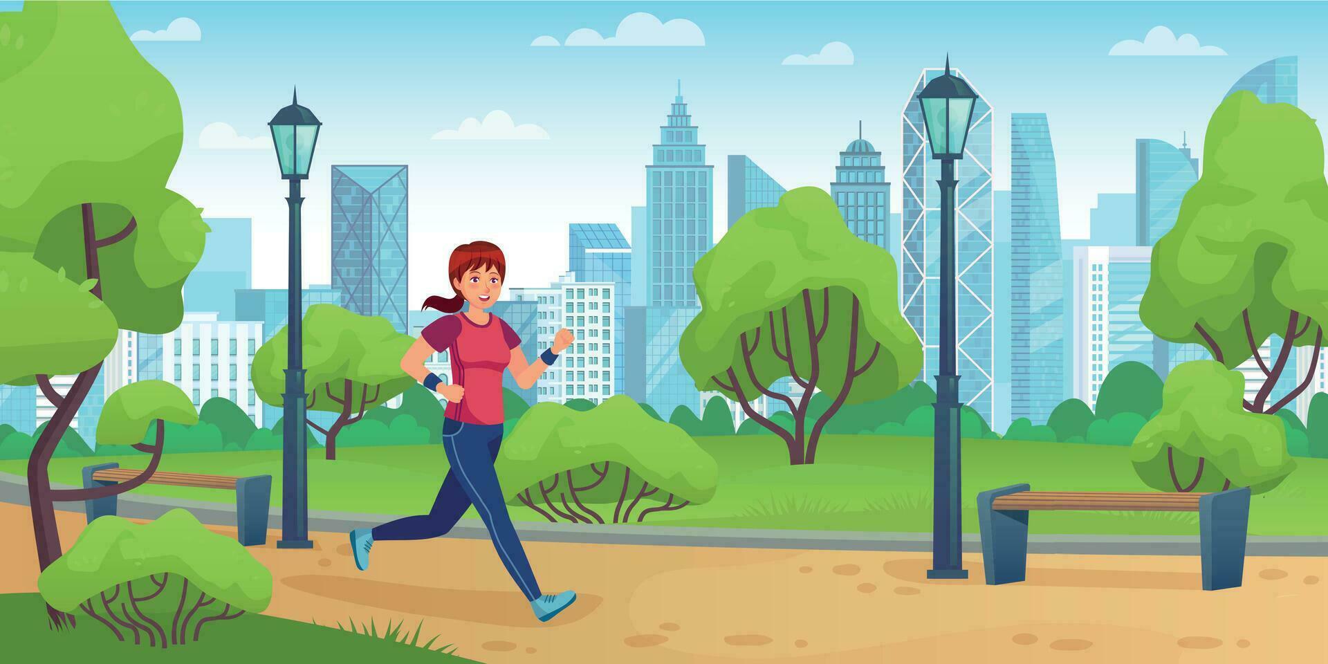 fille le jogging dans ville parc. actif femme courir sur entraînement, Extérieur sport Activités et en bonne santé mode de vie dessin animé vecteur illustration