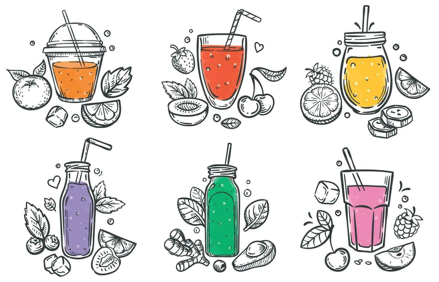 esquisser smoothie. en bonne santé superaliment, verre de fruit et baies smoothies et glissé Naturel des fruits main tiré vecteur illustration ensemble