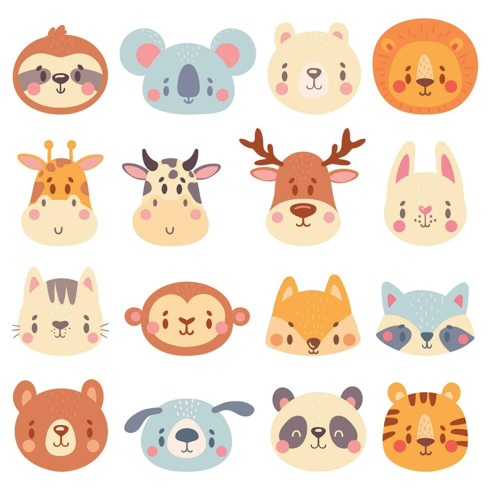 mignonne animal visages. Couleur animal des portraits, Mignonnerie tigre, marrant lapin tête et marrant Renard visage vecteur illustration ensemble