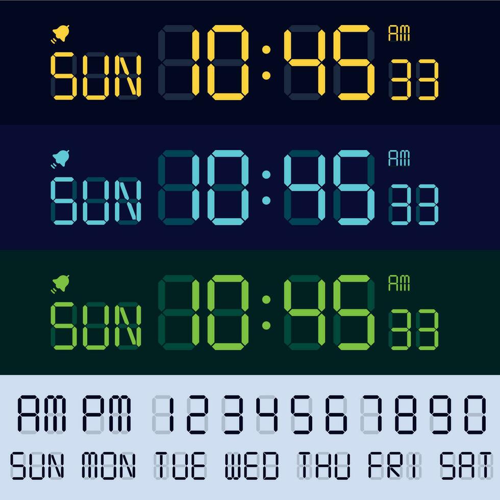 alarme l'horloge lcd afficher Police de caractère. électronique horloges Nombres, numérique écran heures et minutes. rétro afficher texte vecteur ensemble