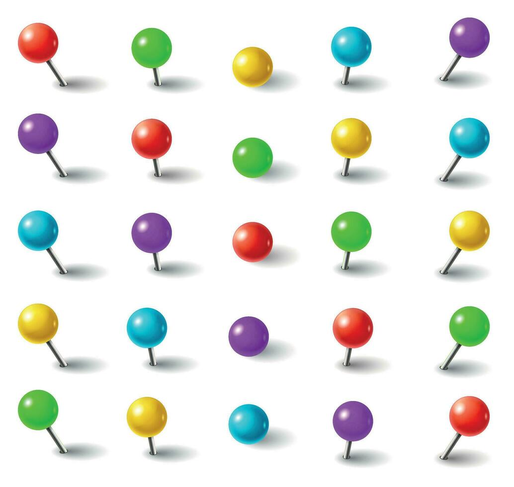 réaliste 3d Couleur Plastique pousser épingles avec rond tête et aiguille dans différent angles isolé vecteur ensemble