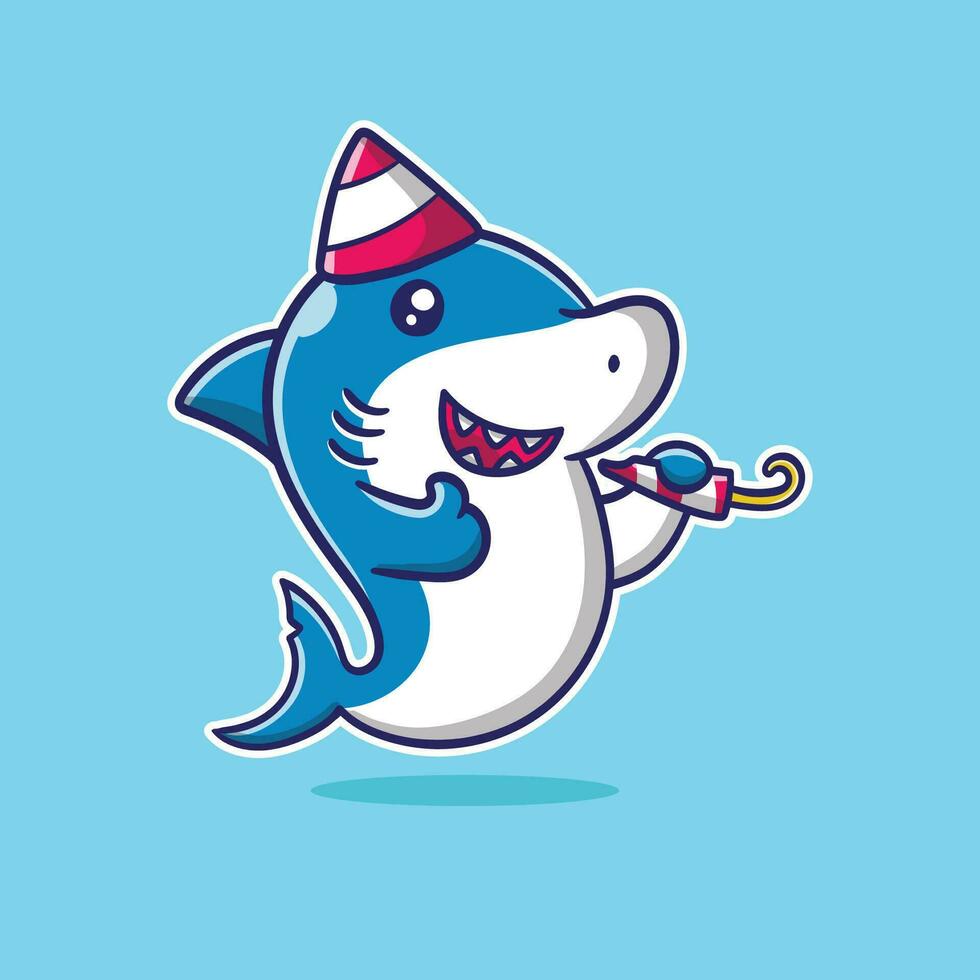 vecteur illustration de mignonne requin avec anniversaire chapeau